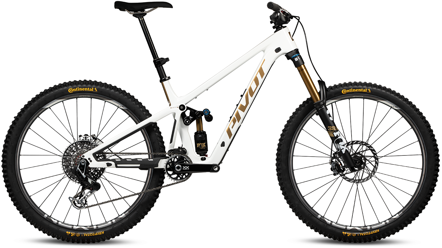 Pivot Firebird in White Gold – Highend-Enduro-Bike mit Carbonrahmen und Top-Performance, erhältlich bei Gravity & Sons in Helmbrechts, Oberfranken.