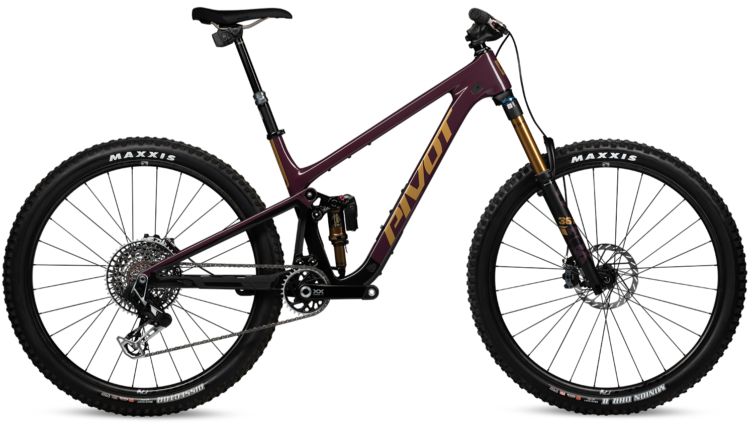 Pivot Trailcat LT Dreambuild in Dr. Purple – High-End-Trailbike mit edlem Look und Top-Ausstattung, aufgebaut von Gravity & Sons in Helmbrechts, Oberfranken.