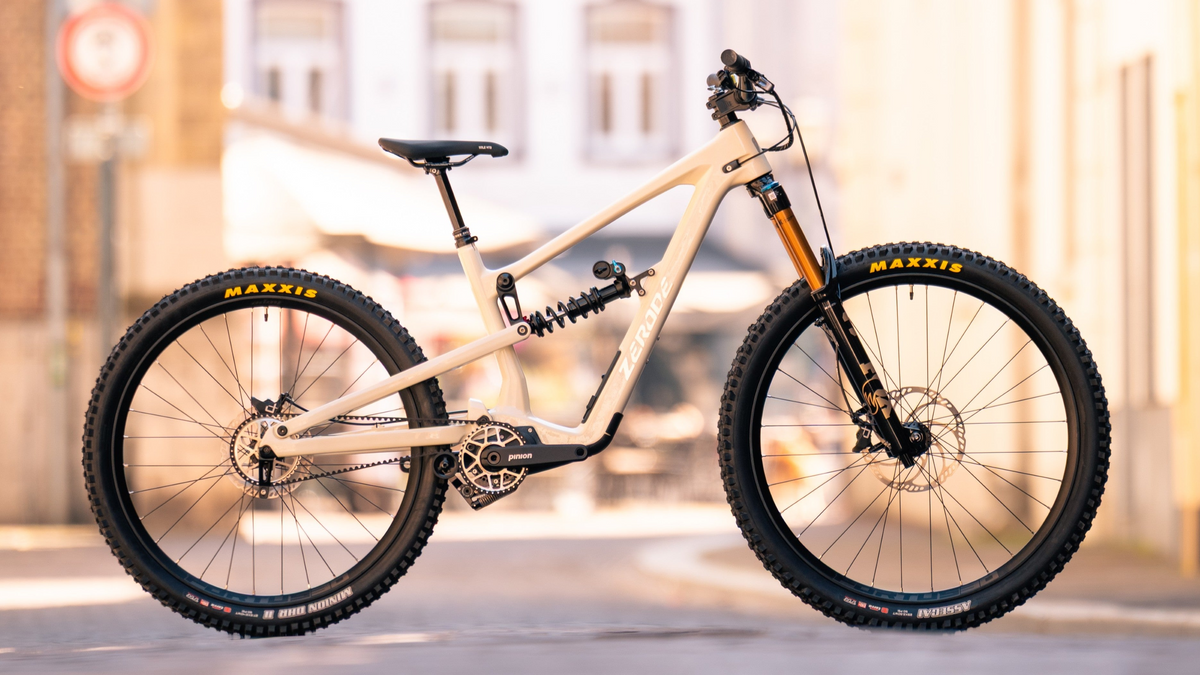 Zerode Shadow Enduro Deluxe in Cream white (glossy) – Seitenansicht mit goldener FOX-Gabel und Stahlfederdämpfer – Gravity & Sons, Helmbrechts.